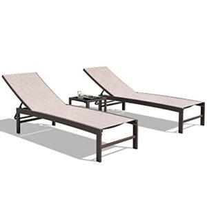 Crestlive Products 2PCS Patio Chaise Lounges and 1PC Table Set Aluminum Adjustable Lounge Chairs with Tempered Glass Side Table, Curved Design, All-Weather Outdoor Recliners (Beige)