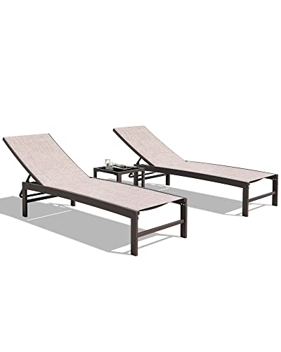 Crestlive Products 2PCS Patio Chaise Lounges and 1PC Table Set Aluminum Adjustable Lounge Chairs with Tempered Glass Side Table, Curved Design, All-Weather Outdoor Recliners (Beige)