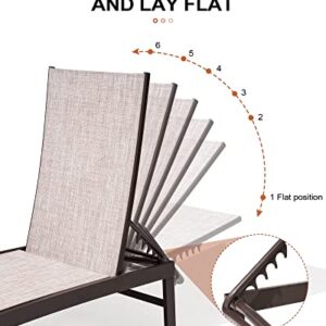 Crestlive Products 2PCS Patio Chaise Lounges and 1PC Table Set Aluminum Adjustable Lounge Chairs with Tempered Glass Side Table, Curved Design, All-Weather Outdoor Recliners (Beige)