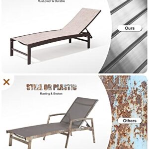 Crestlive Products 2PCS Patio Chaise Lounges and 1PC Table Set Aluminum Adjustable Lounge Chairs with Tempered Glass Side Table, Curved Design, All-Weather Outdoor Recliners (Beige)