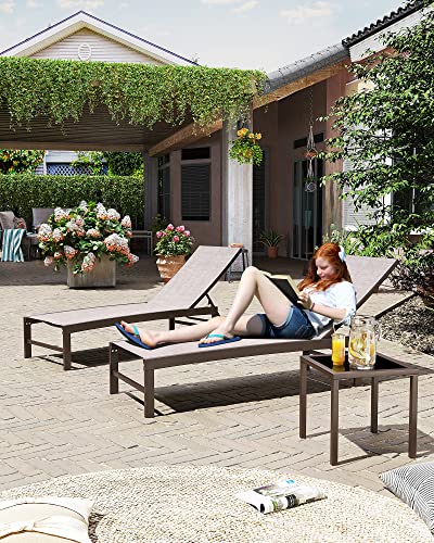 Crestlive Products 2PCS Patio Chaise Lounges and 1PC Table Set Aluminum Adjustable Lounge Chairs with Tempered Glass Side Table, Curved Design, All-Weather Outdoor Recliners (Beige)