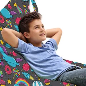 lunarable cartoon lounger chair bag, fantasy unicorn balloons candies bagels ice cream hearts rainbows cartoon theme, high capacity storage with handle container, lounger size, multicolor