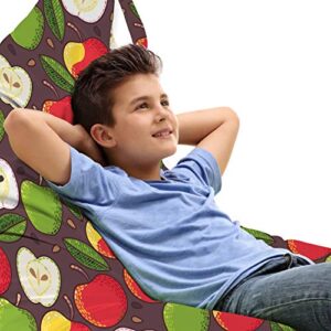 lunarable fruits lounger chair bag, apple slices and leaves yummy summer growth juicy natural vitamin food cartoon, high capacity storage with handle container, lounger size, red green brown