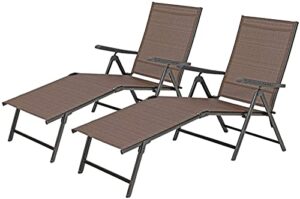 mfstudio 2 piece 5 stages adjustable folding lounge deck chair,outdoor patio metal beach yard pool recliner chaise – brown