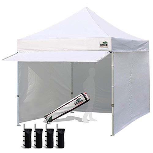 Eurmax USA 10 x 10 Pop up Canopy Commercial Pop Up Canopy Tent Outdoor Party Canopies with 4 Removable Zippered Sidewalls and Roller Bag with 4 Canopy Sand Bags & 24 Squre Ft Extended Awning(White)