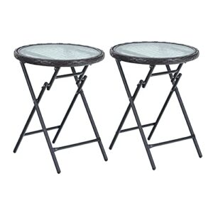 sophia & william patio folding side table round outdoor end table set of 2 small portable bistro coffee table with tempered glass top w/rattan edge and metal frame for outdoor and indoor