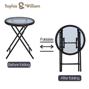 Sophia & William Patio Folding Side Table Round Outdoor End Table Set of 2 Small Portable Bistro Coffee Table with Tempered Glass Top w/Rattan Edge and Metal Frame for Outdoor and Indoor