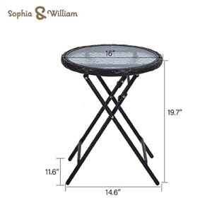 Sophia & William Patio Folding Side Table Round Outdoor End Table Set of 2 Small Portable Bistro Coffee Table with Tempered Glass Top w/Rattan Edge and Metal Frame for Outdoor and Indoor