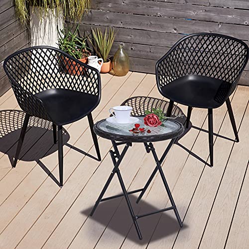 Sophia & William Patio Folding Side Table Round Outdoor End Table Set of 2 Small Portable Bistro Coffee Table with Tempered Glass Top w/Rattan Edge and Metal Frame for Outdoor and Indoor