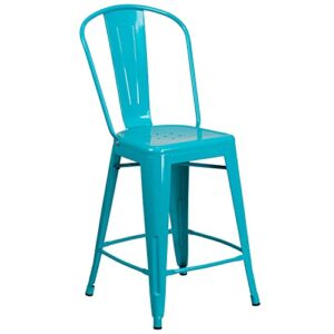 Flash Furniture Commercial Grade 24" High Crystal Teal-Blue Metal Indoor-Outdoor Counter Height Stool with Back