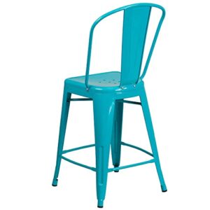 Flash Furniture Commercial Grade 24" High Crystal Teal-Blue Metal Indoor-Outdoor Counter Height Stool with Back