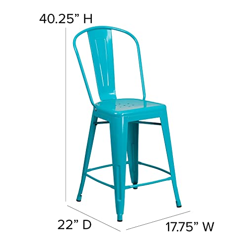 Flash Furniture Commercial Grade 24" High Crystal Teal-Blue Metal Indoor-Outdoor Counter Height Stool with Back