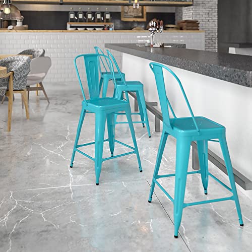 Flash Furniture Commercial Grade 24" High Crystal Teal-Blue Metal Indoor-Outdoor Counter Height Stool with Back