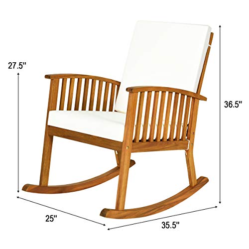 Tangkula 3 Piece Wood Patio Rocking Chair Set, Outdoor Acacia Wood Rocker Set with Round Table, with Thick Cushion of Detachable Cover, Suitable for Poolside, Indoor, Patio Backyard and Garden