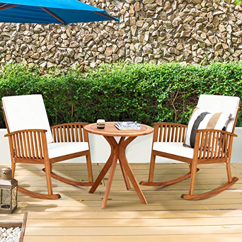 Tangkula 3 Piece Wood Patio Rocking Chair Set, Outdoor Acacia Wood Rocker Set with Round Table, with Thick Cushion of Detachable Cover, Suitable for Poolside, Indoor, Patio Backyard and Garden