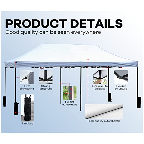 Party Tent,10x20 Canopy Tent Pop Up Canopy Folding Protable Ez up Canopy Sun Shade Instant Gazebo with Backpack Bag for Outdoor, Party, Wedding, Camping, Picnics (White)