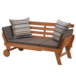 national outdoor living eucalyptus wood patio daybed with chocolate brown cushions and striped accent pillows