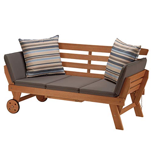 National Outdoor Living Eucalyptus Wood Patio Daybed with Chocolate Brown Cushions and Striped Accent Pillows