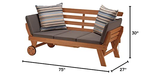 National Outdoor Living Eucalyptus Wood Patio Daybed with Chocolate Brown Cushions and Striped Accent Pillows