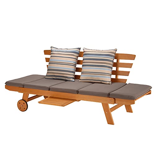 National Outdoor Living Eucalyptus Wood Patio Daybed with Chocolate Brown Cushions and Striped Accent Pillows