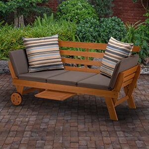 National Outdoor Living Eucalyptus Wood Patio Daybed with Chocolate Brown Cushions and Striped Accent Pillows