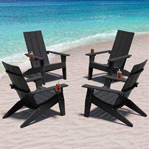mximu modern adirondack chairs set of 4 weather resistant with cup holder oversize plastic fire pit chairs plastic outdoor chairs for firepit area seating (black)