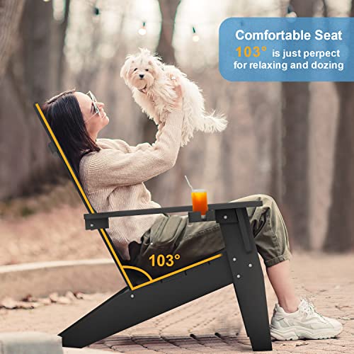 MXIMU Modern Adirondack Chairs Set of 4 Weather Resistant with Cup Holder Oversize Plastic Fire Pit Chairs Plastic Outdoor Chairs for Firepit Area Seating (Black)