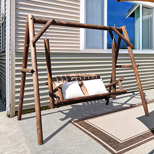 MUPATER Wooden Patio Porch Swing Glider Outdoor with A-Frame Stand, 2 Person Wood Log Porch Swing Bench Chair with Curved Back for Outside Yard, Garden, Deck and Poolside, Rustic