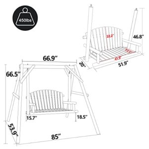 MUPATER Wooden Patio Porch Swing Glider Outdoor with A-Frame Stand, 2 Person Wood Log Porch Swing Bench Chair with Curved Back for Outside Yard, Garden, Deck and Poolside, Rustic