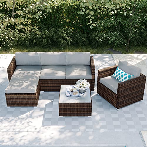 SUNBURY 6-Piece Outdoor Sectional Interwoven Wicker Sofa Patio Furniture Set w 3 Blue White Plaid Pillows, Tempered Glass Coffee Table for Backyard