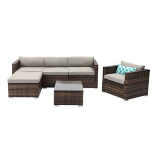 SUNBURY 6-Piece Outdoor Sectional Interwoven Wicker Sofa Patio Furniture Set w 3 Blue White Plaid Pillows, Tempered Glass Coffee Table for Backyard