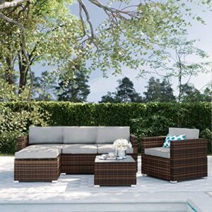 SUNBURY 6-Piece Outdoor Sectional Interwoven Wicker Sofa Patio Furniture Set w 3 Blue White Plaid Pillows, Tempered Glass Coffee Table for Backyard