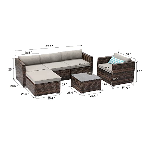 SUNBURY 6-Piece Outdoor Sectional Interwoven Wicker Sofa Patio Furniture Set w 3 Blue White Plaid Pillows, Tempered Glass Coffee Table for Backyard