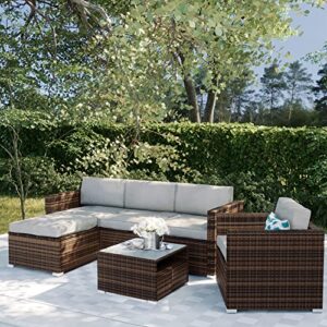 SUNBURY 6-Piece Outdoor Sectional Interwoven Wicker Sofa Patio Furniture Set w 3 Blue White Plaid Pillows, Tempered Glass Coffee Table for Backyard