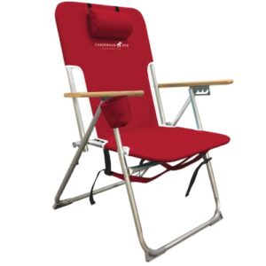 caribbean joe folding beach chair, 4 position portable backpack foldable camping chair with headrest, cup holder, and wooden armrests, red, 33.5″d x 3″w x 25″h