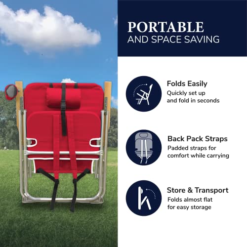 Caribbean Joe Folding Beach Chair, 4 Position Portable Backpack Foldable Camping Chair with Headrest, Cup Holder, and Wooden Armrests, Red, 33.5"D x 3"W x 25"H