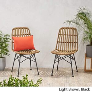 Great Deal Furniture Yilia Outdoor Wicker Dining Chair (Set of 2), Light Brown and Black