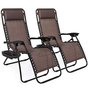 best choice products set of 2 adjustable zero gravity lounge chair recliners for patio, pool w/ cup holders – brown