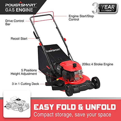 PowerSmart Gas Powered Push Lawn Mower 21 Inch 209 CC Engine, 3 in 1 Bag, Side Discharge, and Mulching Capabilities, DB2321PH Red