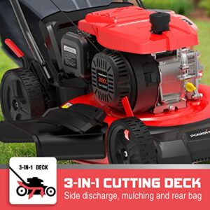 PowerSmart Gas Powered Push Lawn Mower 21 Inch 209 CC Engine, 3 in 1 Bag, Side Discharge, and Mulching Capabilities, DB2321PH Red