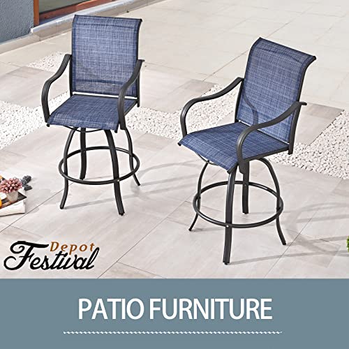 Festival Depot 4Pcs Patio Bistro Set High Back 360°Swivel Chairs with Textilene Fabric and Curved Armrest Bar Height Stools All Weather Metal Outdoor Furniture for Deck Lawn Garden, Blue
