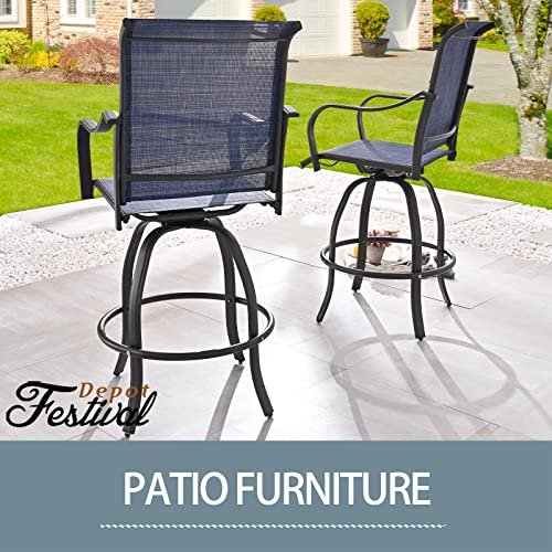 Festival Depot 4Pcs Patio Bistro Set High Back 360°Swivel Chairs with Textilene Fabric and Curved Armrest Bar Height Stools All Weather Metal Outdoor Furniture for Deck Lawn Garden, Blue