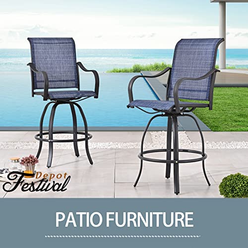 Festival Depot 4Pcs Patio Bistro Set High Back 360°Swivel Chairs with Textilene Fabric and Curved Armrest Bar Height Stools All Weather Metal Outdoor Furniture for Deck Lawn Garden, Blue