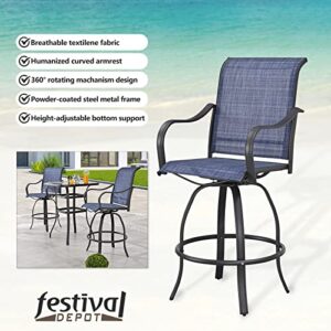 Festival Depot 4Pcs Patio Bistro Set High Back 360°Swivel Chairs with Textilene Fabric and Curved Armrest Bar Height Stools All Weather Metal Outdoor Furniture for Deck Lawn Garden, Blue