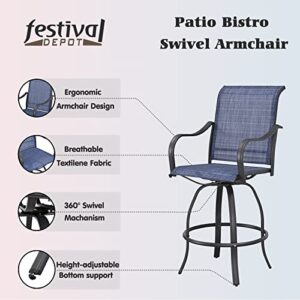 Festival Depot 4Pcs Patio Bistro Set High Back 360°Swivel Chairs with Textilene Fabric and Curved Armrest Bar Height Stools All Weather Metal Outdoor Furniture for Deck Lawn Garden, Blue