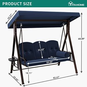 YITAHOME 3-Seat Deluxe Outdoor Porch Swing Large Patio Swing Chair with Weather Resistant Steel Frame, Adjustable Tilt Canopy, Removable Cushions & Pillow Suitable for Garden, Poolside, Balcony(Navy)