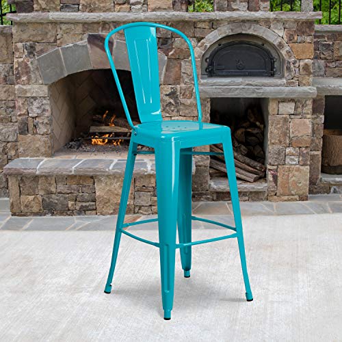 EMMA + OLIVER Commercial Grade 30" H Teal-Blue Metal Indoor-Outdoor Barstool with Back