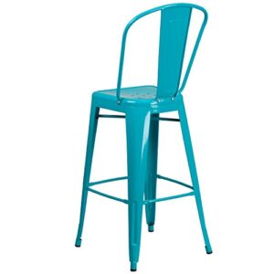 EMMA + OLIVER Commercial Grade 30" H Teal-Blue Metal Indoor-Outdoor Barstool with Back