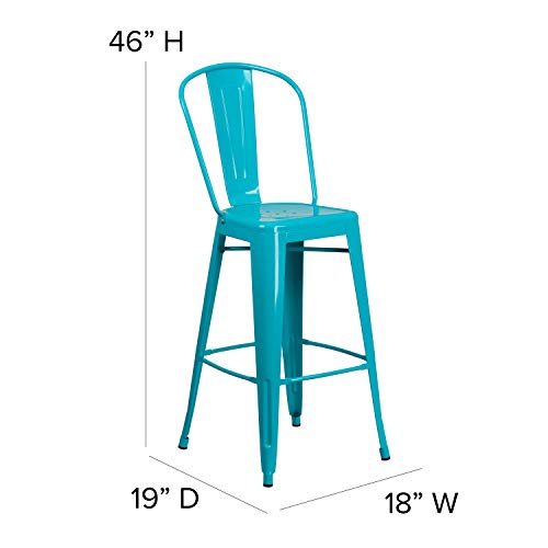 EMMA + OLIVER Commercial Grade 30" H Teal-Blue Metal Indoor-Outdoor Barstool with Back