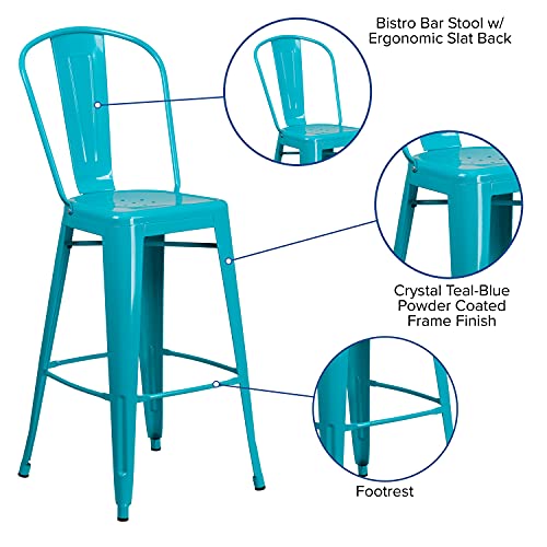 EMMA + OLIVER Commercial Grade 30" H Teal-Blue Metal Indoor-Outdoor Barstool with Back